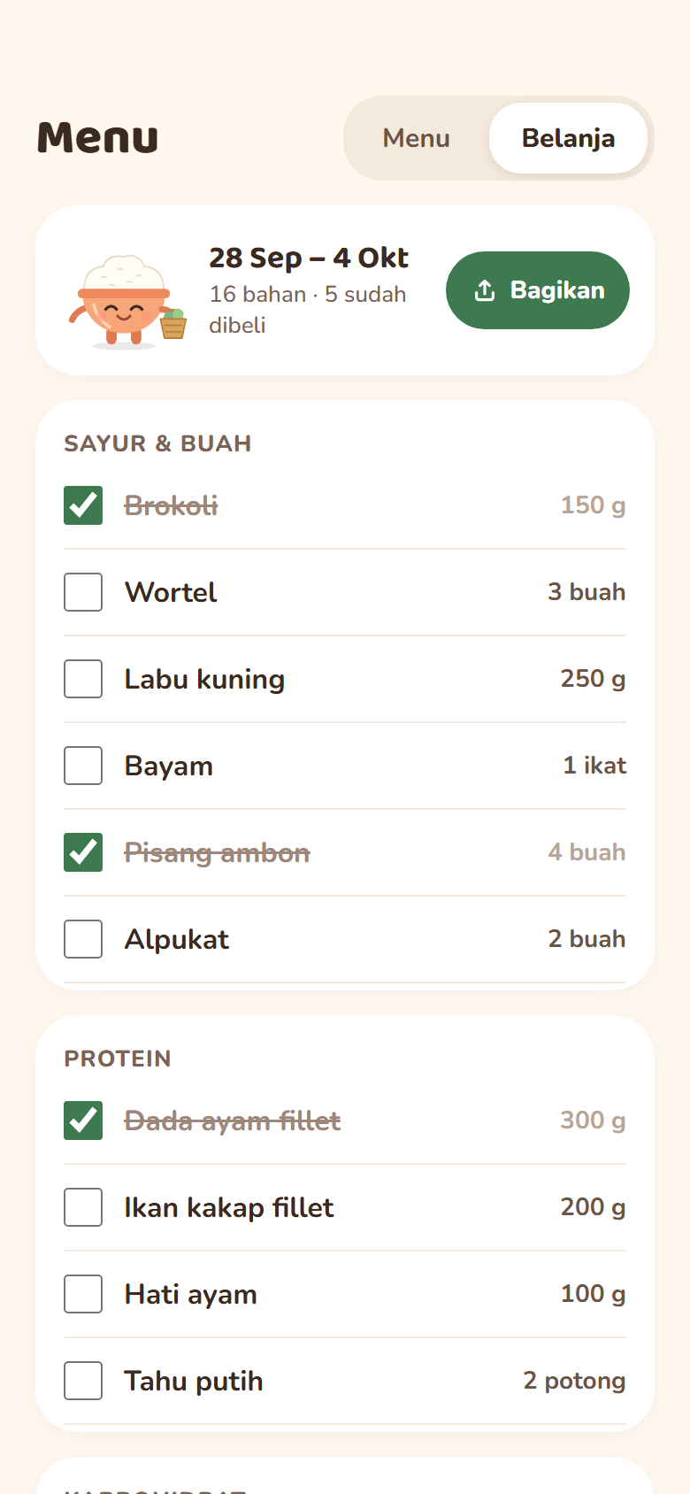 Daftar belanja Mamam dikelompokkan per kategori, dengan tombol Bagikan