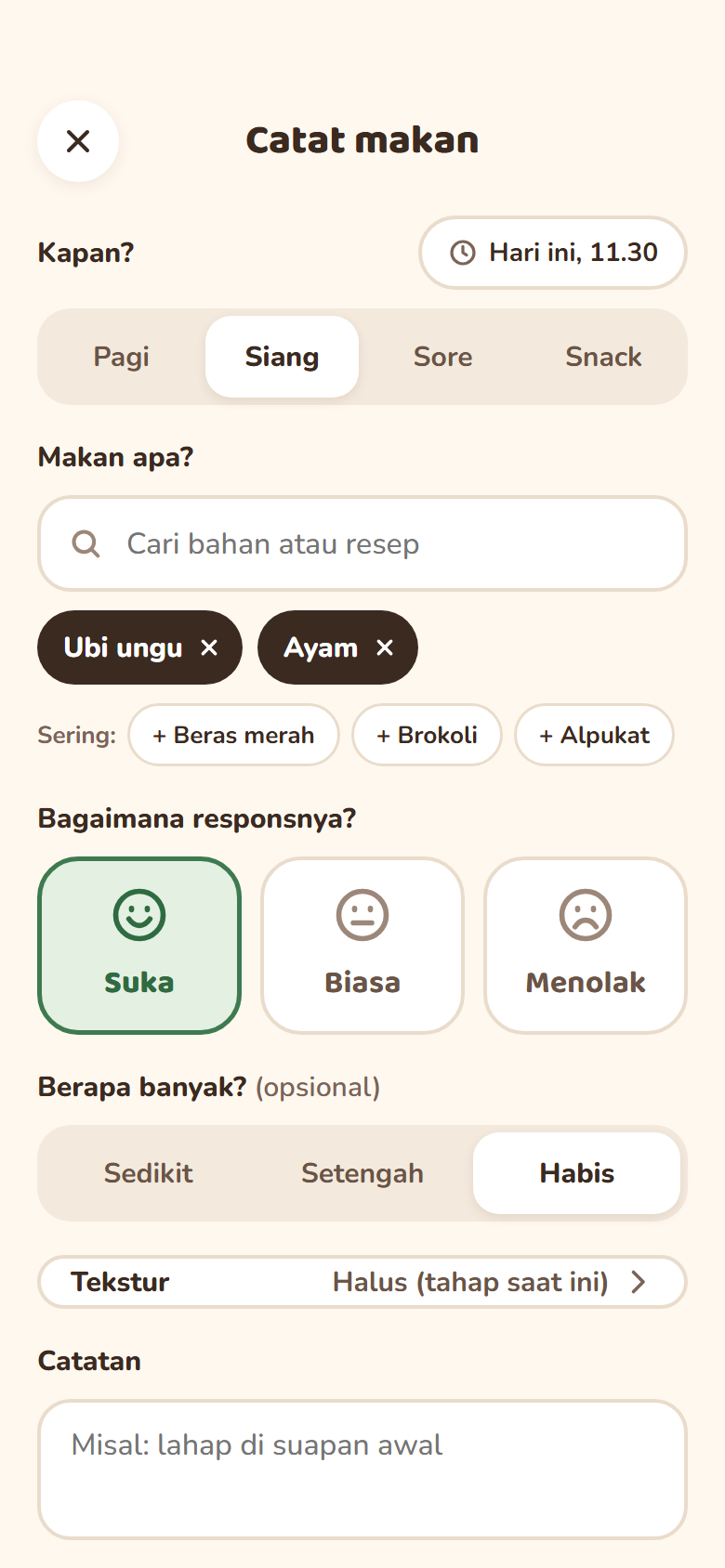 Form Catat makan Mamam: pilih bahan, lalu respons Suka, Biasa atau Menolak