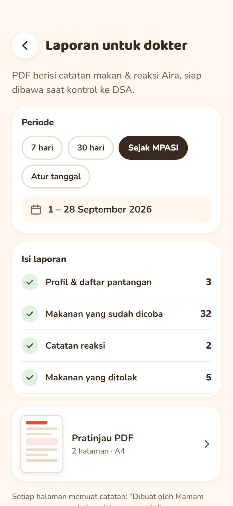 Layar Laporan untuk dokter: pilih periode, isi laporan, lalu buat dan bagikan PDF