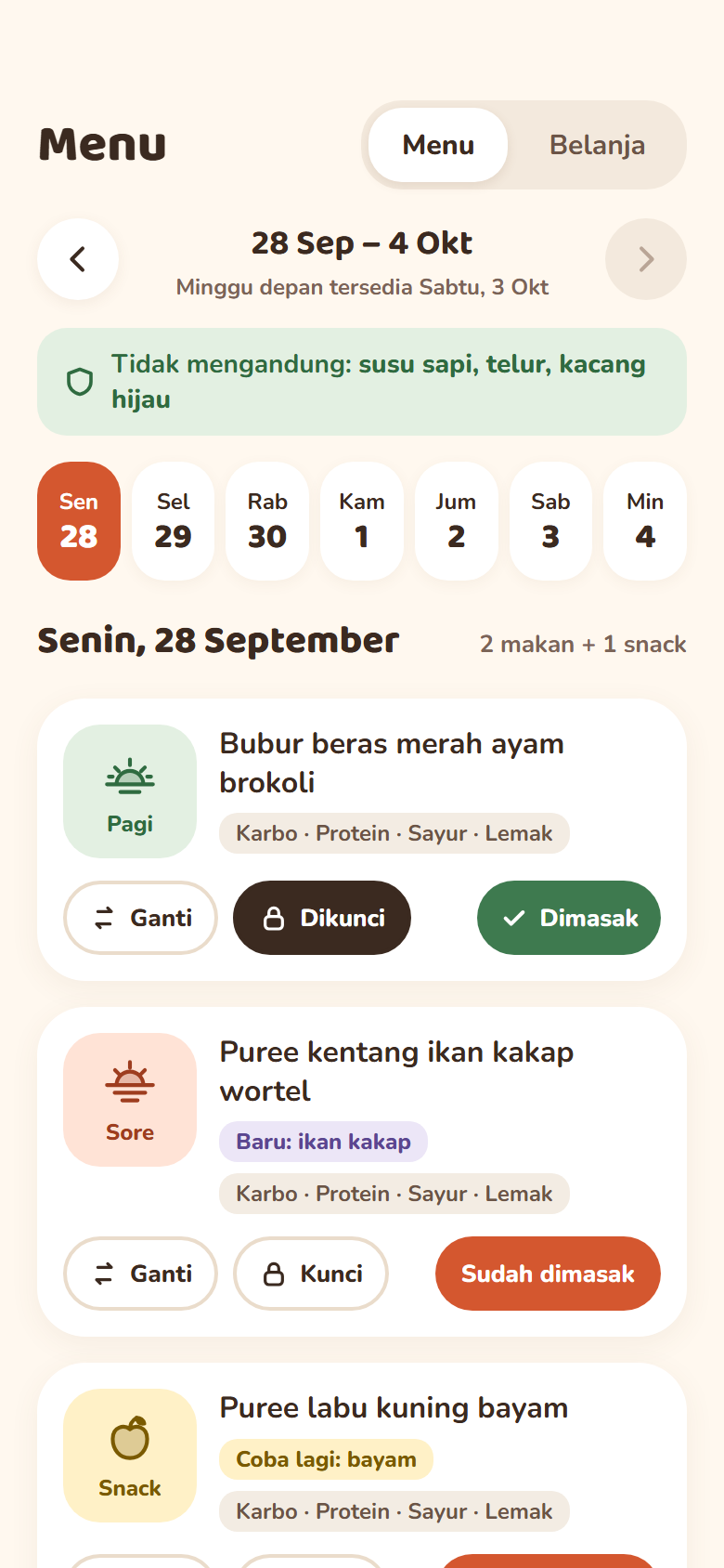 Menu mingguan Mamam: menu Senin dengan bubur beras merah ayam brokoli, tidak mengandung susu sapi, telur dan kacang hijau
